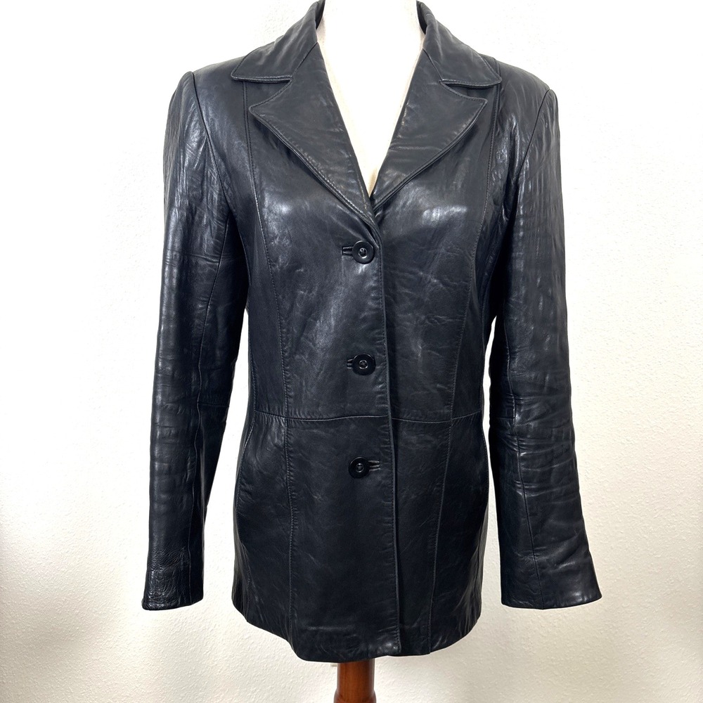 VTG Black Leather Blazer Jacket Anonymous John Carlisle 3 Button Front - Picture 3 of 16